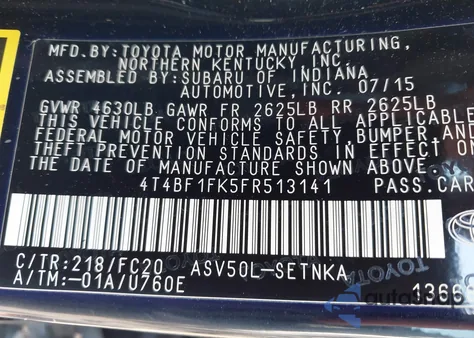 2015 Toyota Camry Le/Se/Xle/Xse из США, поврежденный, VIN 4T4BF1FK5FR513141